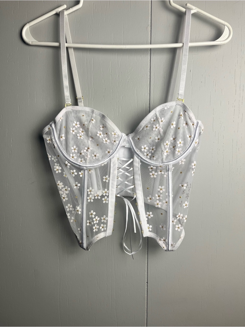 Body Rage White Daisy Mesh Corset Bustier Top Lace Up Back Medium